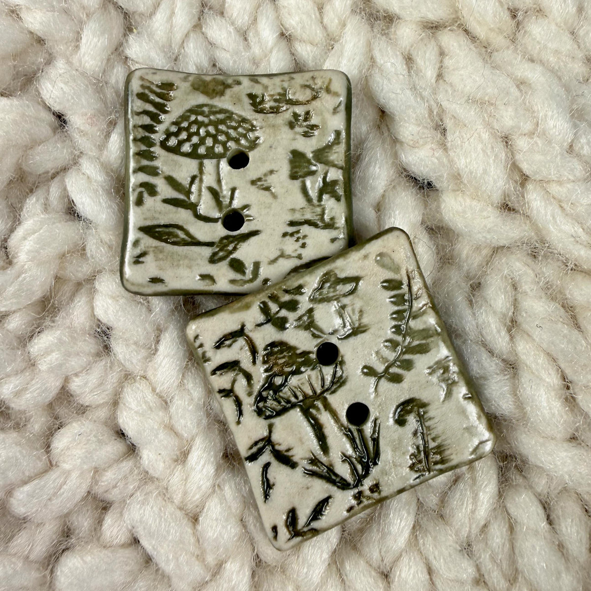 Mushrooms and Leaves Green and Off White Buttons
