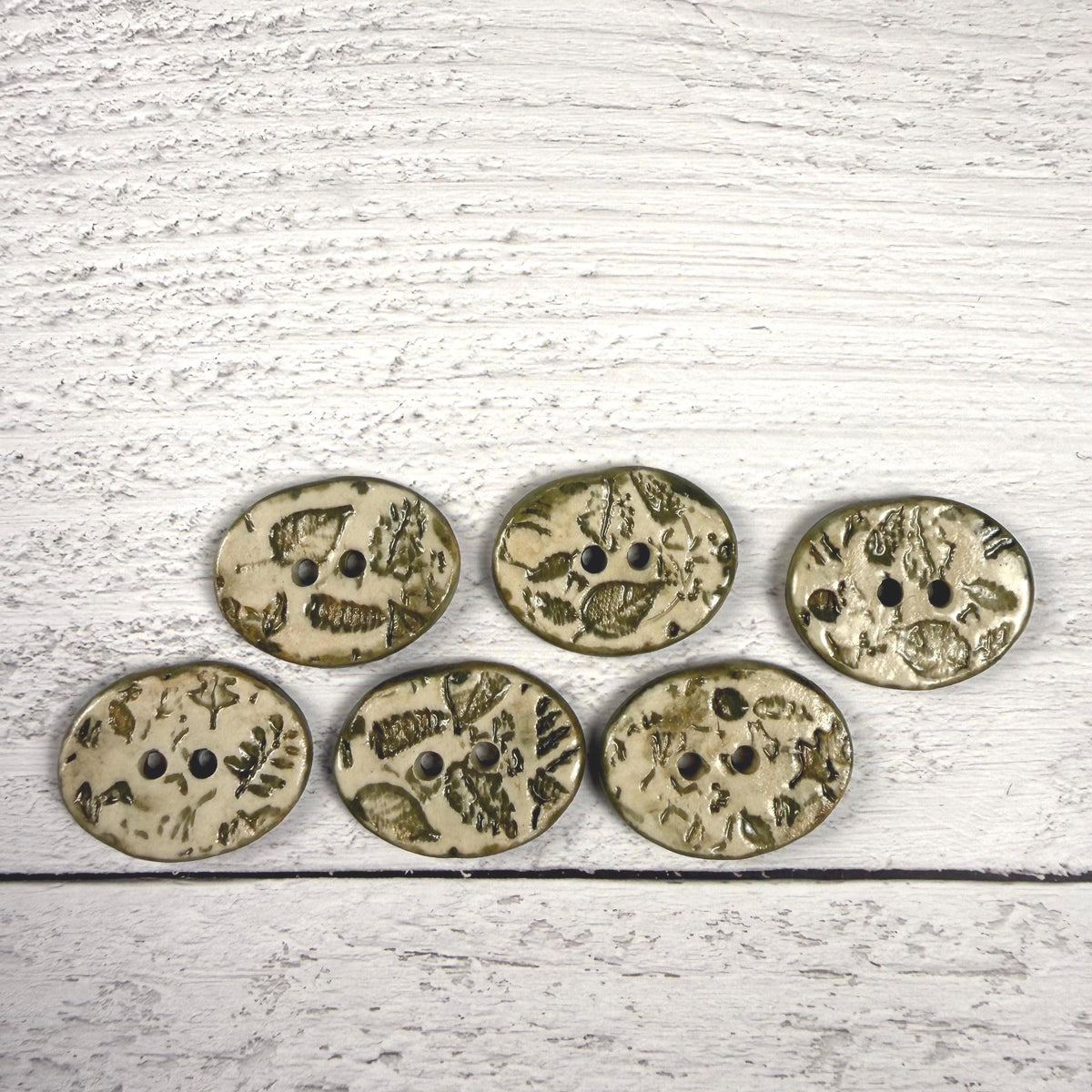 Mushrooms and Leaves Green and Off White Buttons