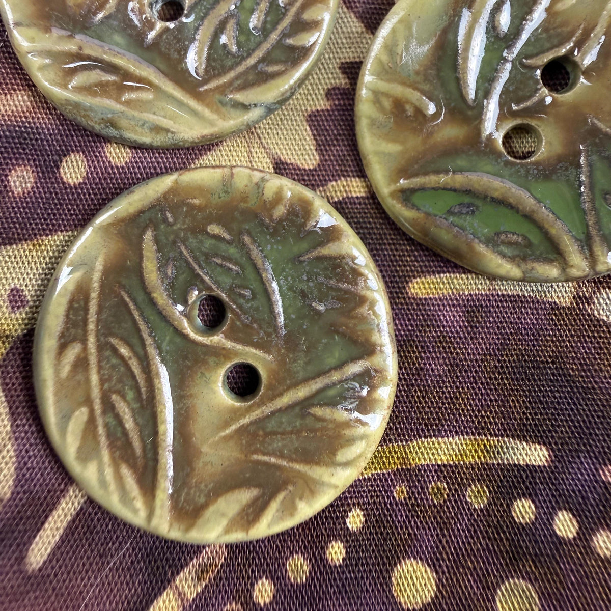 Green and Brown Leaf Patterned Ceramic Buttons